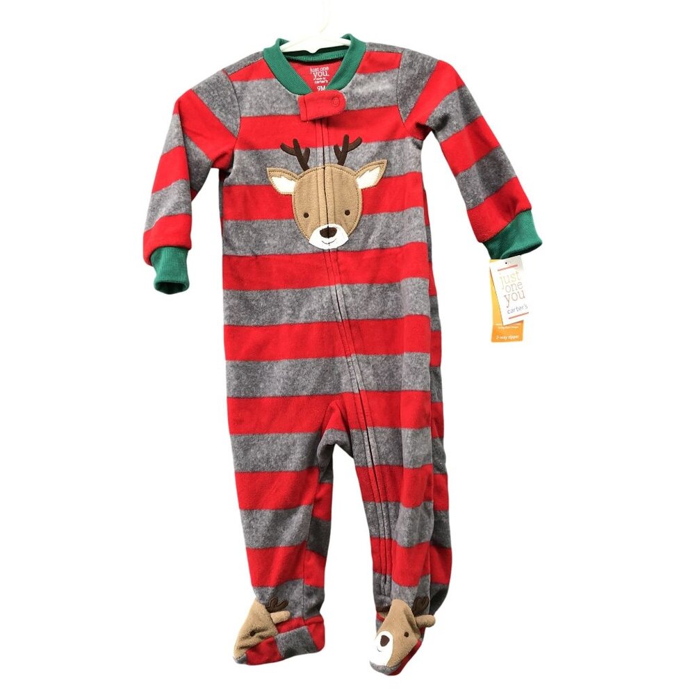 NWT Carter's Baby 9M Christmas Footed Fleece Pajama One Piece Reindeer Striped‎